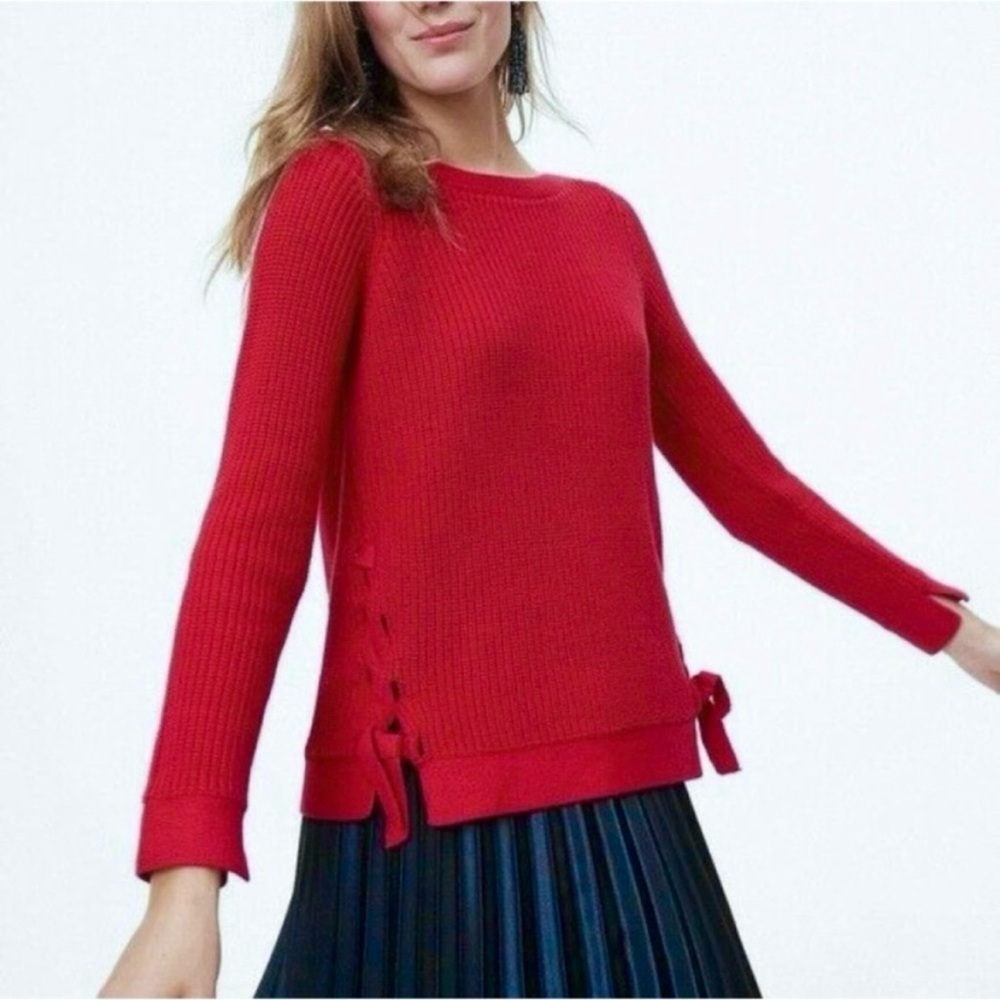 Loft Sweater Red Lace Up Ribbed Knit Relaxed XS Preppy Soft Girl Classic